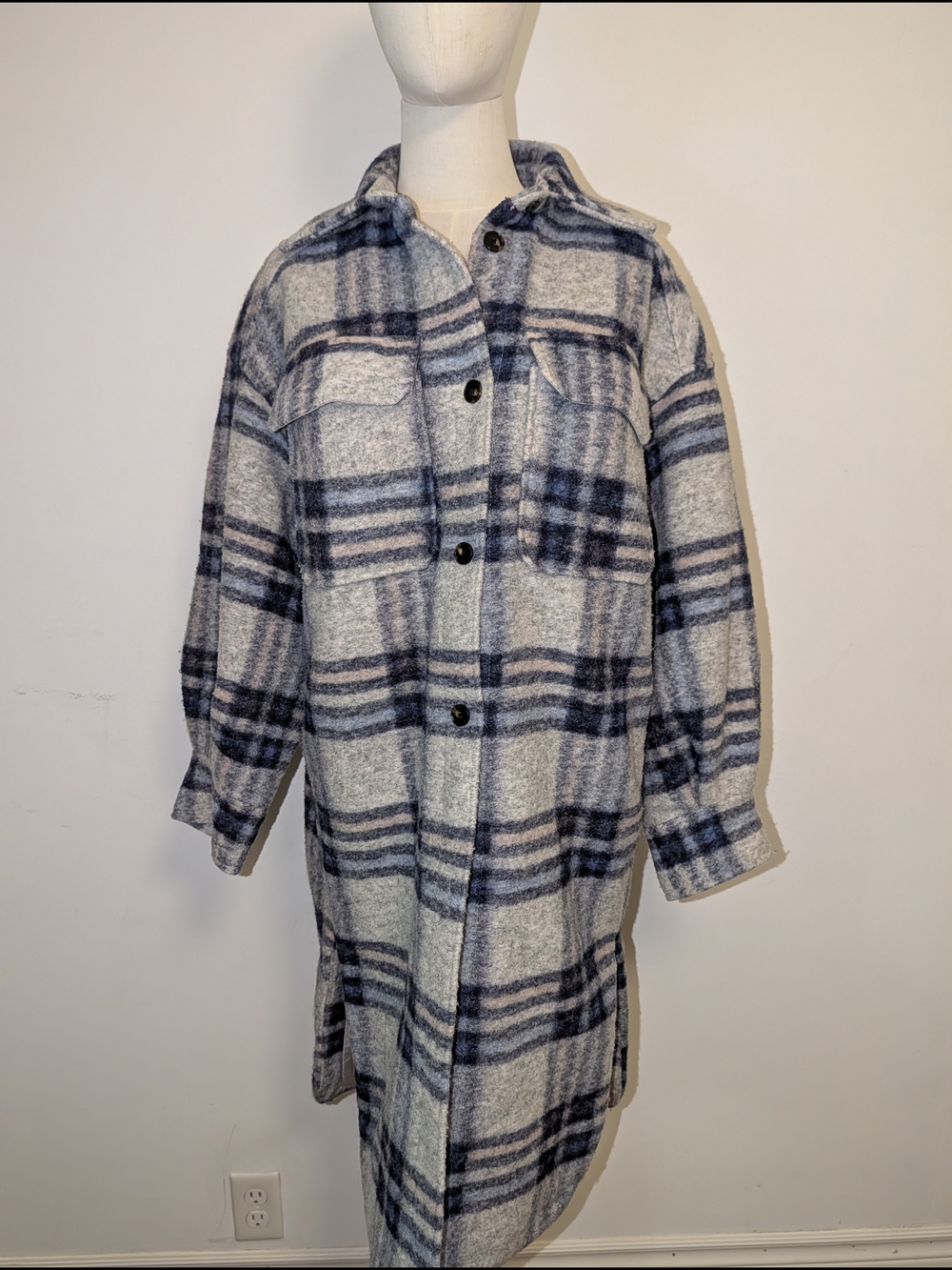 Grey & Navy Plaid Long Wool Blend Shacket